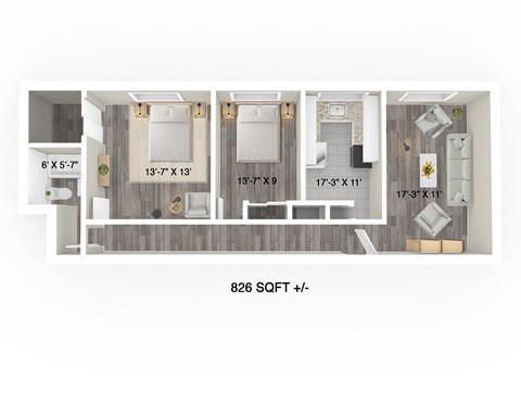 Floor plan for 2 beds, 1 bath, 701 sqft
